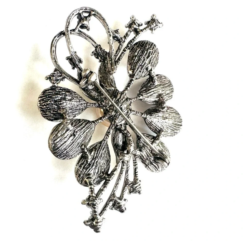 Vintage Floral Brooch Pin Pendant Champagne Amber Rhinestone Rose Gold Center